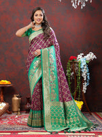 Thumbnail for Lorenvalley Fashion Wine & Green Patola Silk Woven Design Meenakari Weaving Saree - Distacart