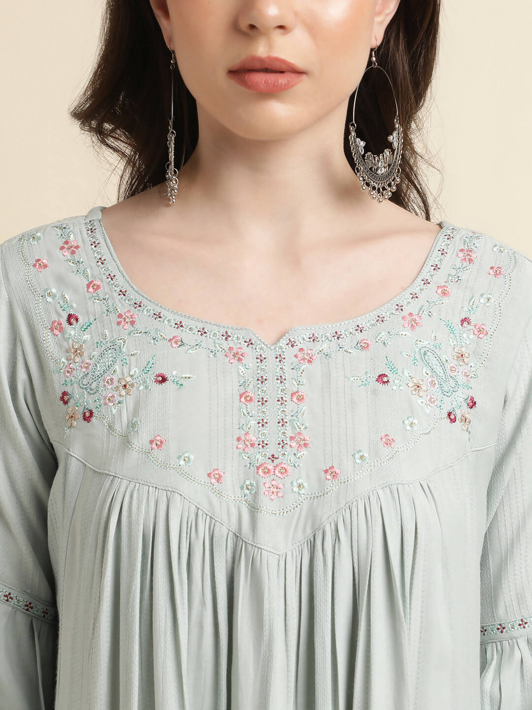 Light Blue Poly Cotton Yoke Embroidered A-line Top - Tarini - Distacart