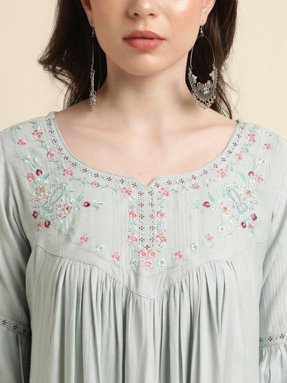 Light Blue Poly Cotton Yoke Embroidered A-line Top - Tarini - Distacart