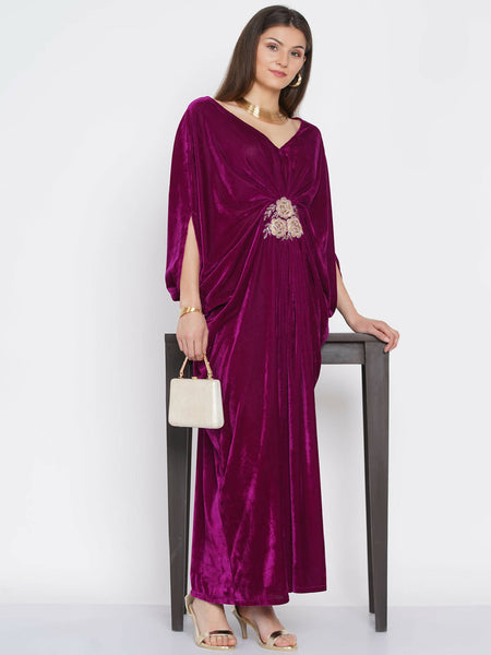 Women Republic Wine Velvet Embroiderd Gown - Distacart