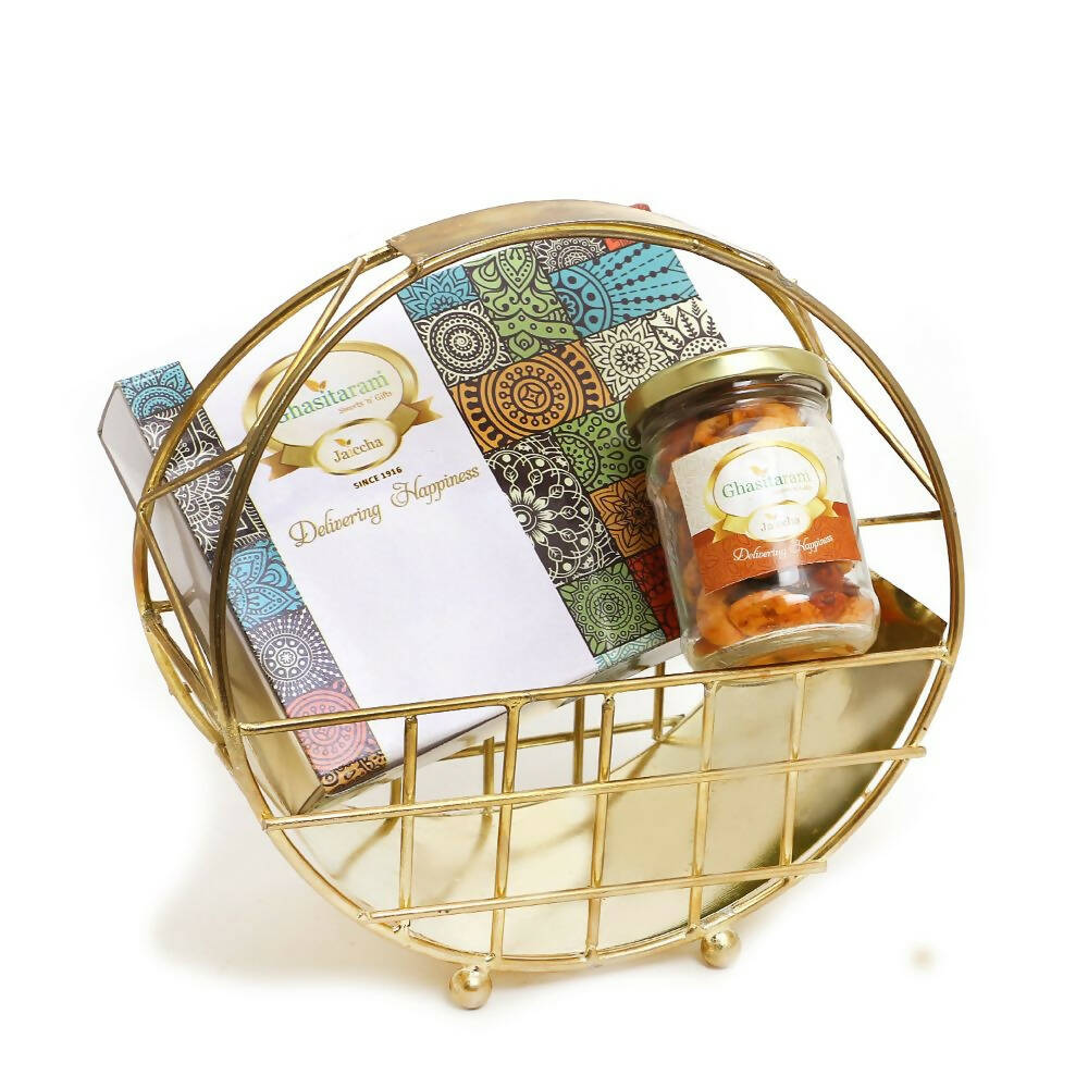 Ghasitaram Half Moon Metal Basket of Mix Dryfruits, Assorted Bites - Distacart