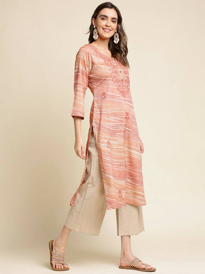 Peach Poly Rayon Stripe Printed Straight Fit Kurta - Prasuti - Distacart