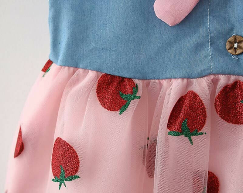 Bold N Elegant Cap Sleeve Denim Embroidered Midi Party Dress Frock with Hat Dress - Strawberry Pink - Distacart