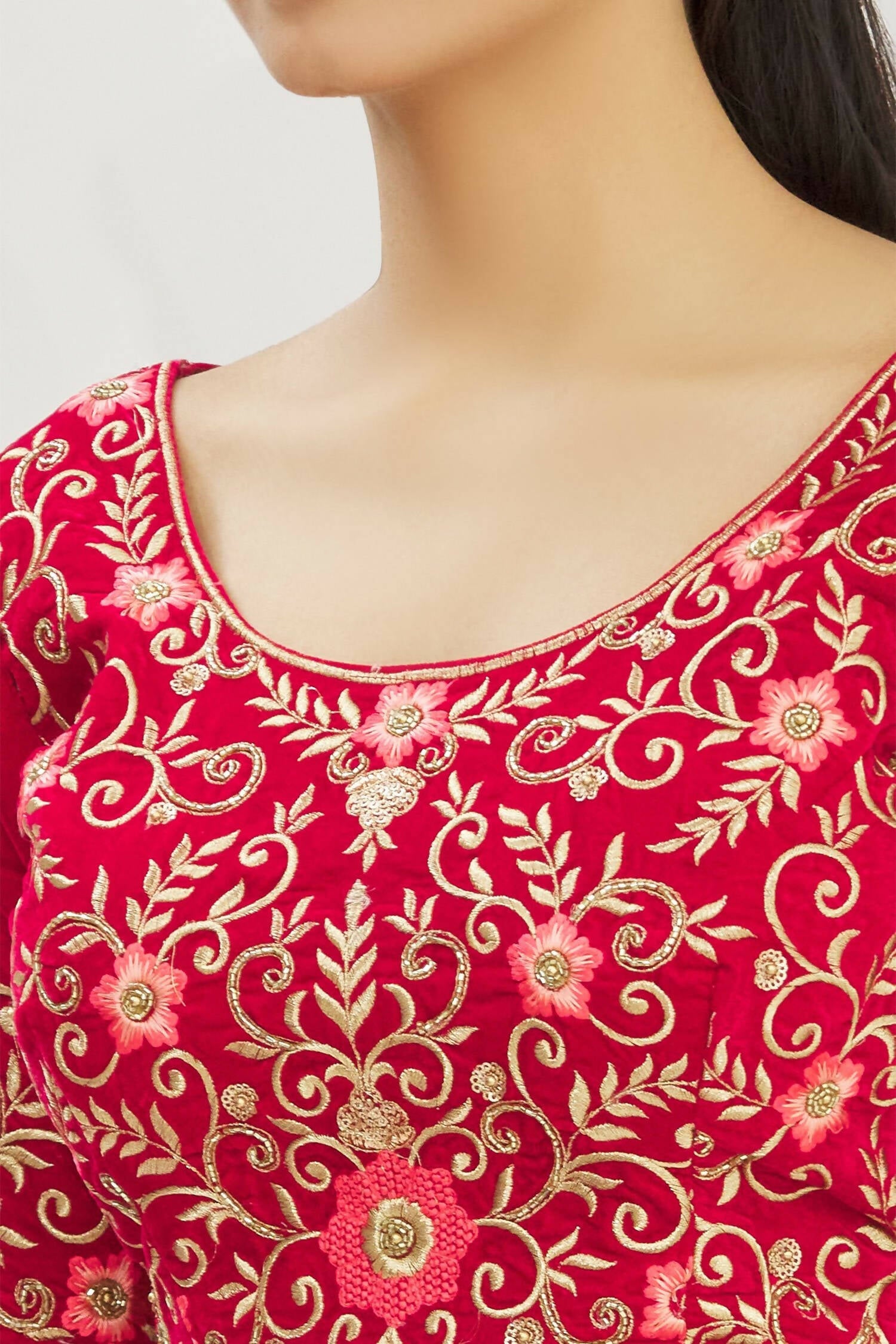 Red Velvet Semi-Stitched Wedding Bridal Lehenga - Nimaya - Distacart