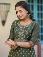 Thumbnail for Juniper Women Olive Chanderi Printed Maxi Dress with Embroidered Yoke - Distacart