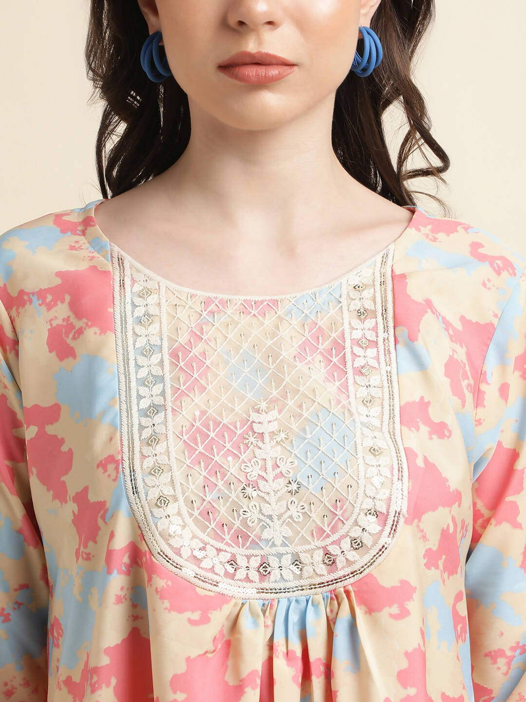 Beige & Pink Poly Crepe Digital Printed Top with Matching Bottom - Preeti - Distacart