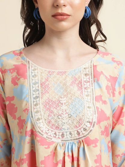 Beige & Pink Poly Crepe Digital Printed Top with Matching Bottom - Preeti - Distacart