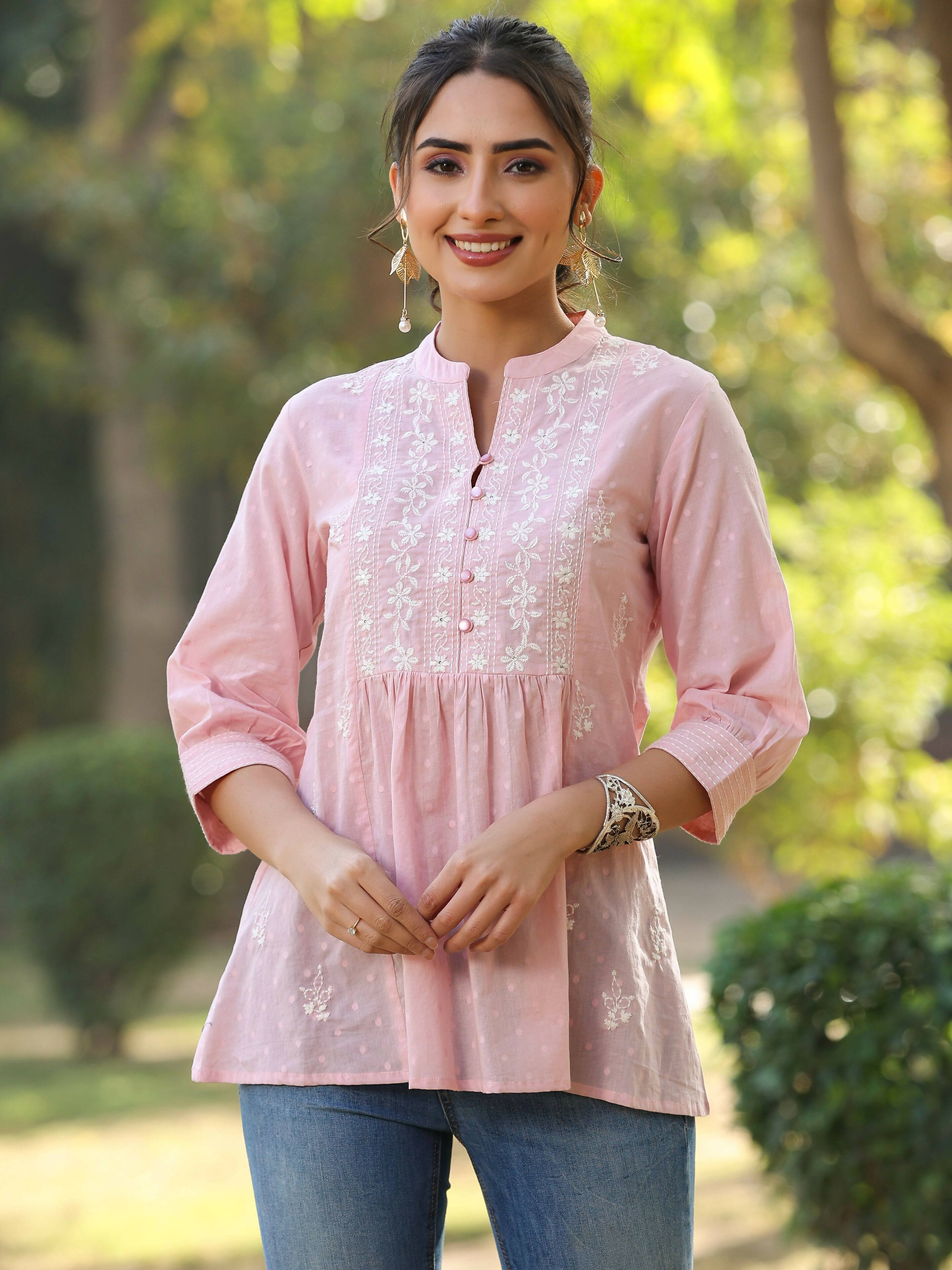 Juniper Women's Pink Cotton Solid With Embroidered Straight Tunic - Distacart