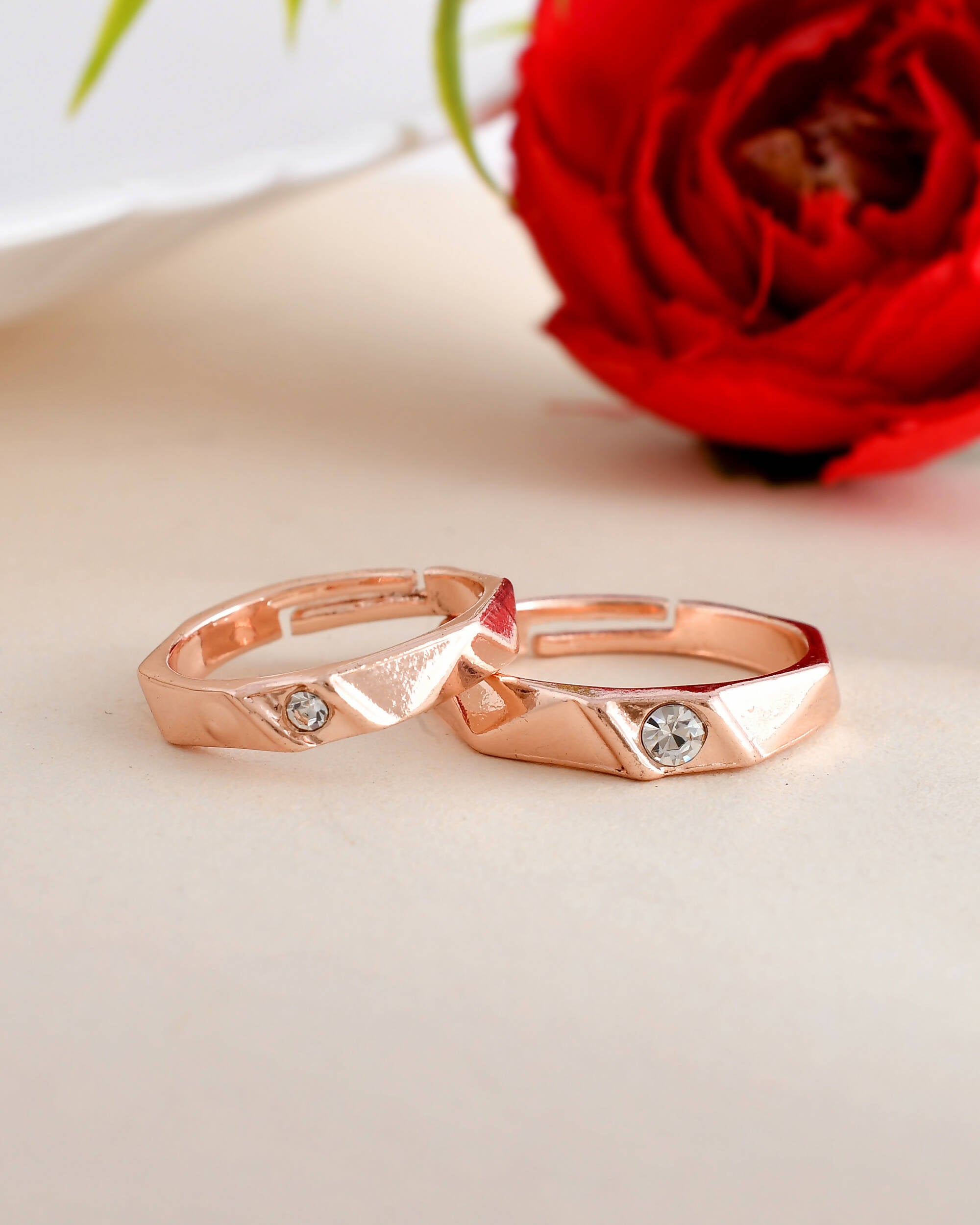 VOJ Stainless Steel Cubic Zirconia Rose Gold Plated Adjustable Ring Set for Couple - Distacart