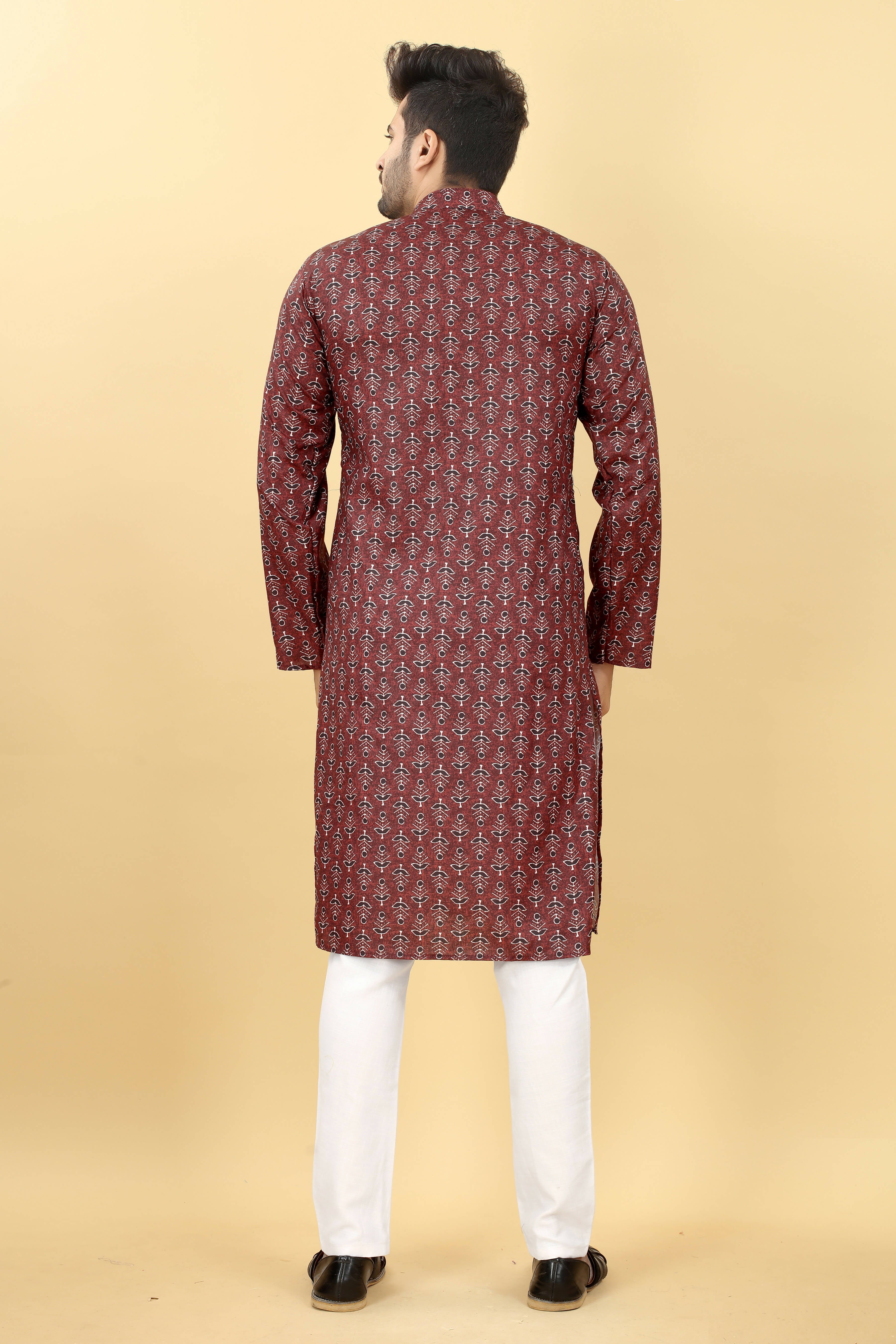 Maroon Cotton Printed Men's Kurta - Mahotsav - Distacart