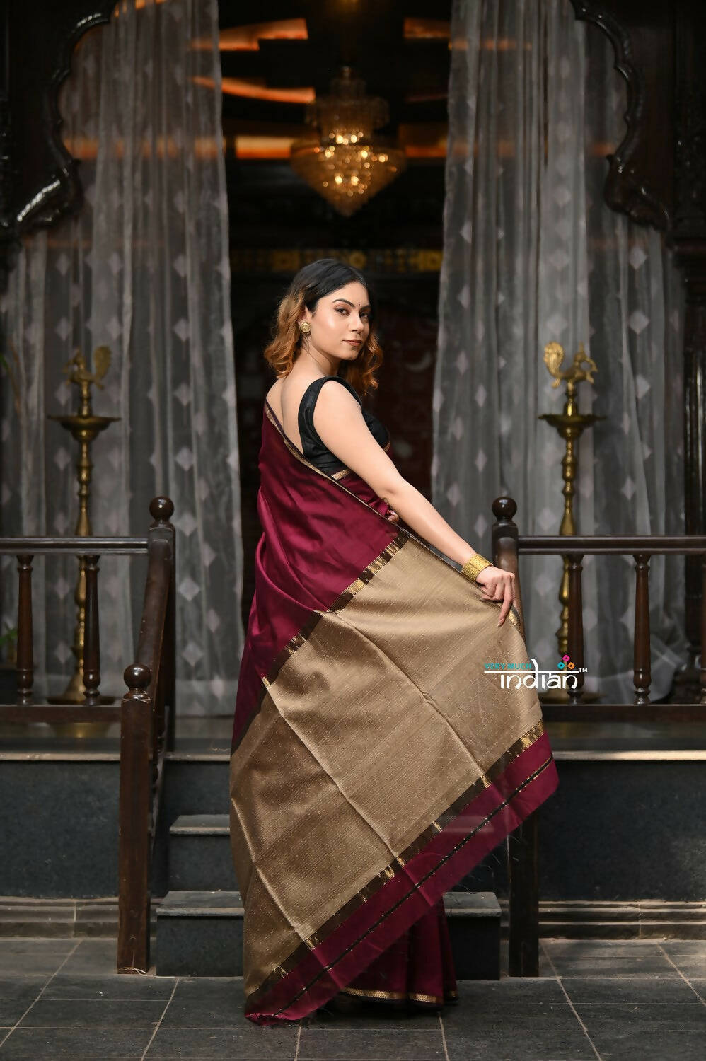 Very Much Indian VMI Exclusive Designer! Handloom Cotton Silk Saree With Sleek Golden Border - Maroon Shade - Distacart