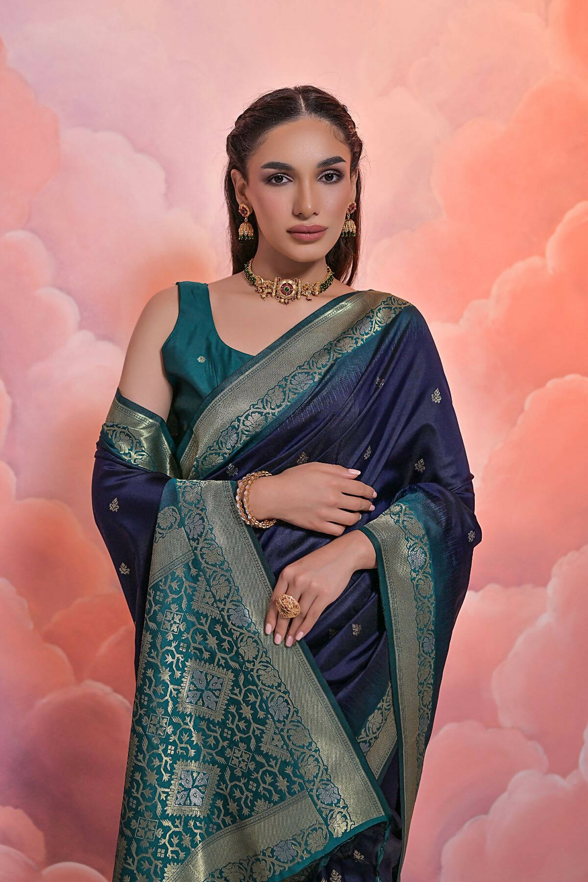 Vishnu Weaves Women's Navy-Blue Soft Silk Zari Woven Saree with Blouse - Distacart