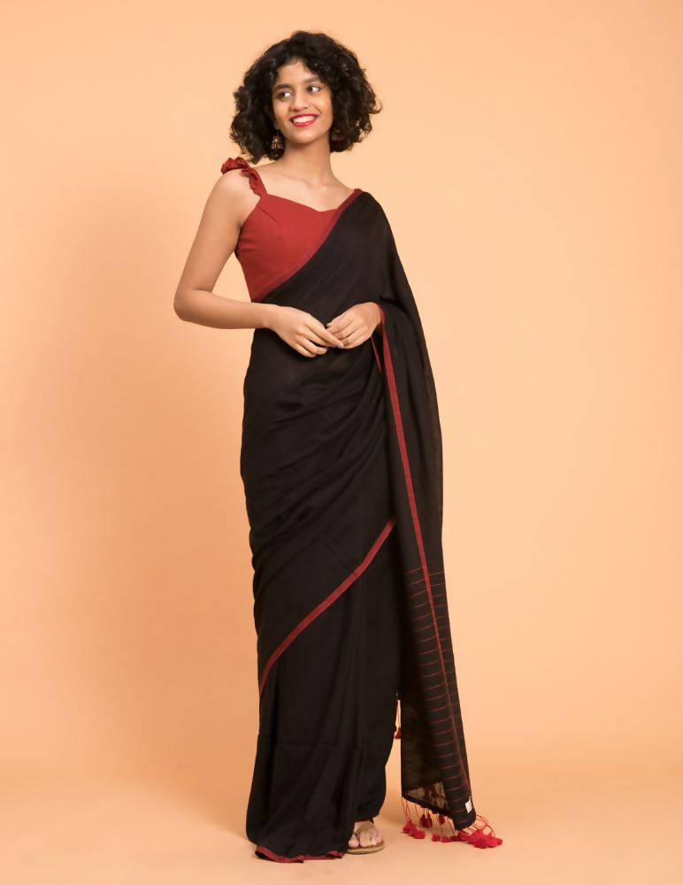 Suta Black Maroon Solid Cotton Saree - Distacart