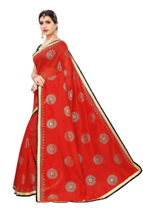 Vamika Chanderi Cotton Foil Print Red Saree (GOLDEN BIRD Red)