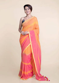 Thumbnail for Suta Orange Pink Striped Mul Saree - Distacart