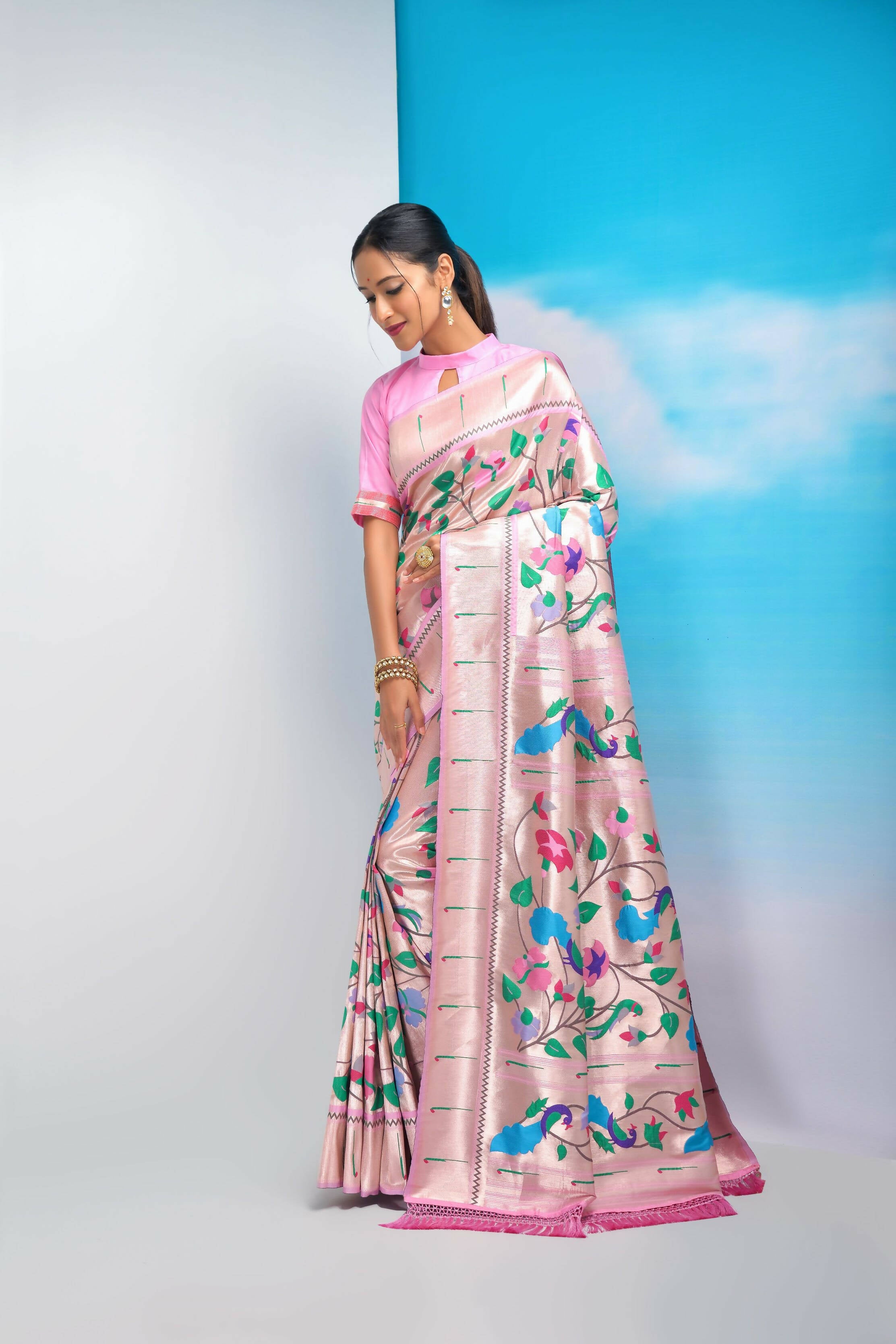 Vishnu Weaves Women's Baby Pink Paithani Silk Minakari Zari Woven Saree with Unstitched Blouse - Distacart
