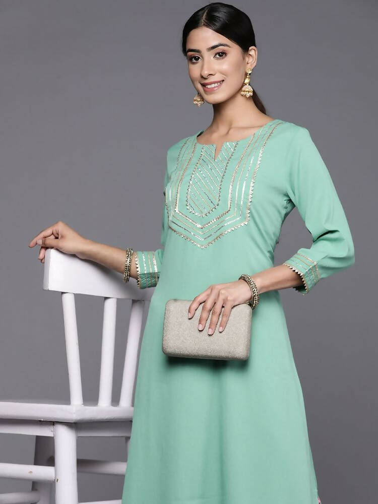 Varanga Women Sea Green Gota Embellished Straight Kurta With Three Quarter Sleeves - Distacart