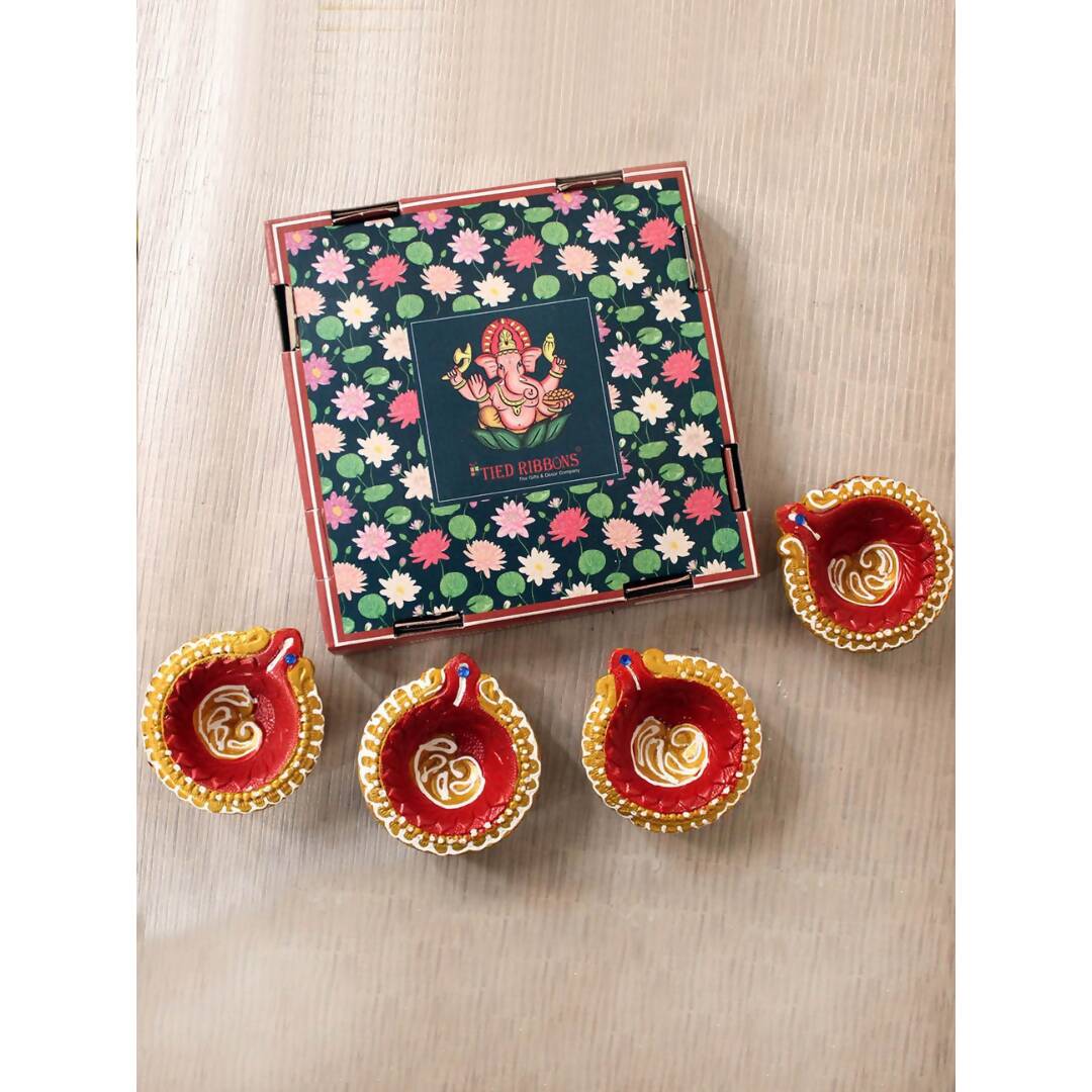 Tied Ribbons Set Of 4 Terracotta Diyas - Distacart