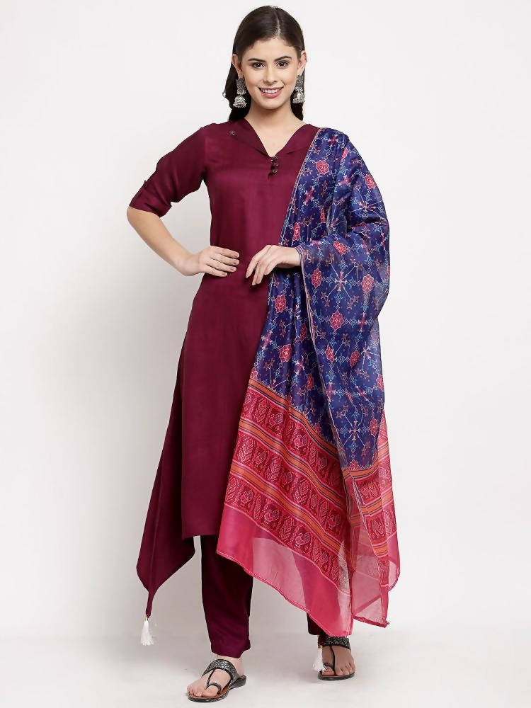 Myshka Women's burgundy Cotton Solid Half Sleeve Collar Neck Casual Kurta Pant Dupatta Set