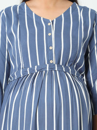 Thumbnail for Manet Three Fourth Maternity Dress Striped With Concealed Zipper Nursing Access - Blue - Distacart