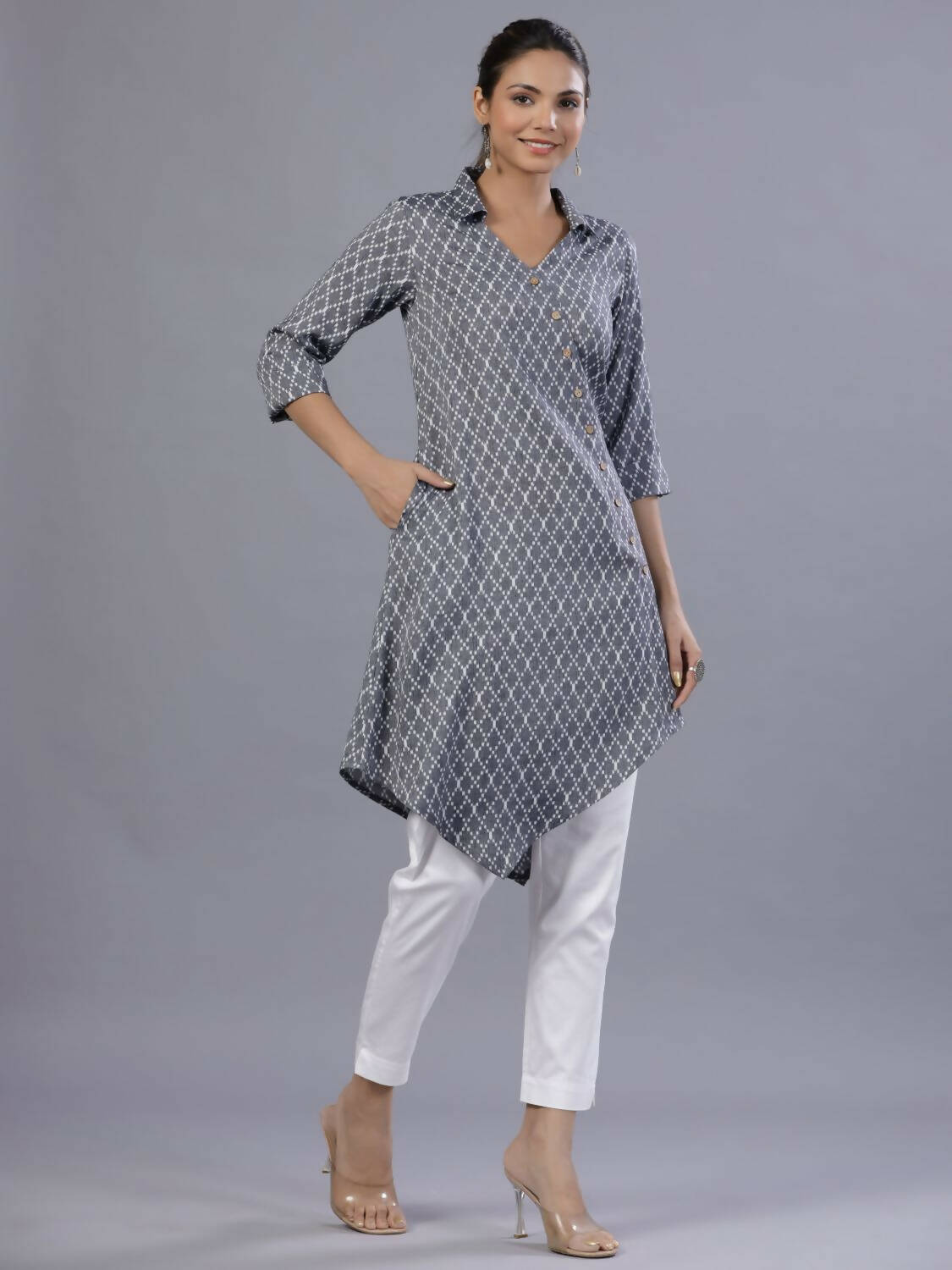 Juniper Women Blue Rayon Printed Asymmetric Kurta - Distacart