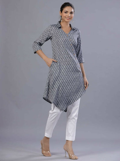 Juniper Women Blue Rayon Printed Asymmetric Kurta - Distacart