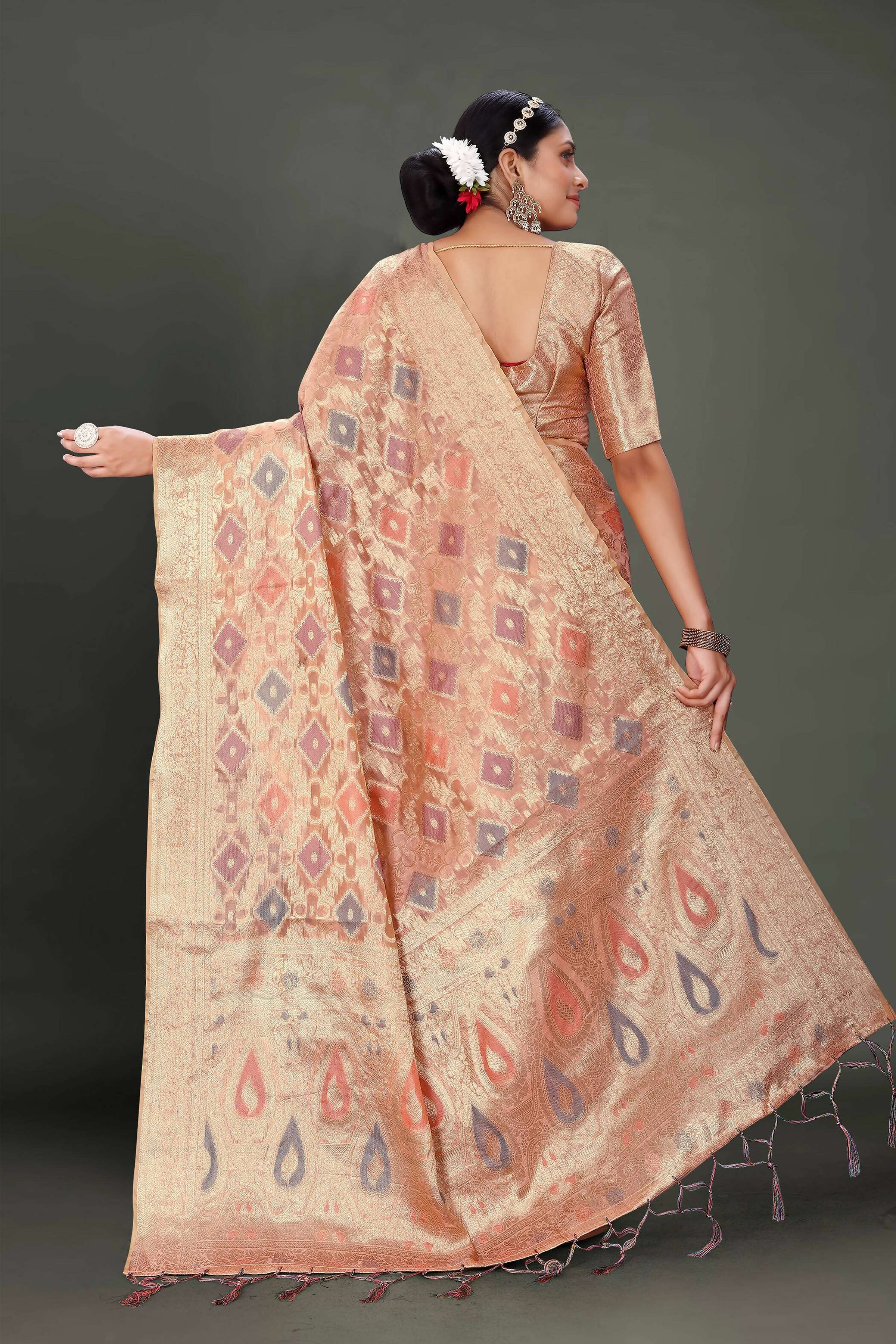 Pink Soft Organza Woven Design Saree With Unstitched Blouse Piece - Zaara - Distacart