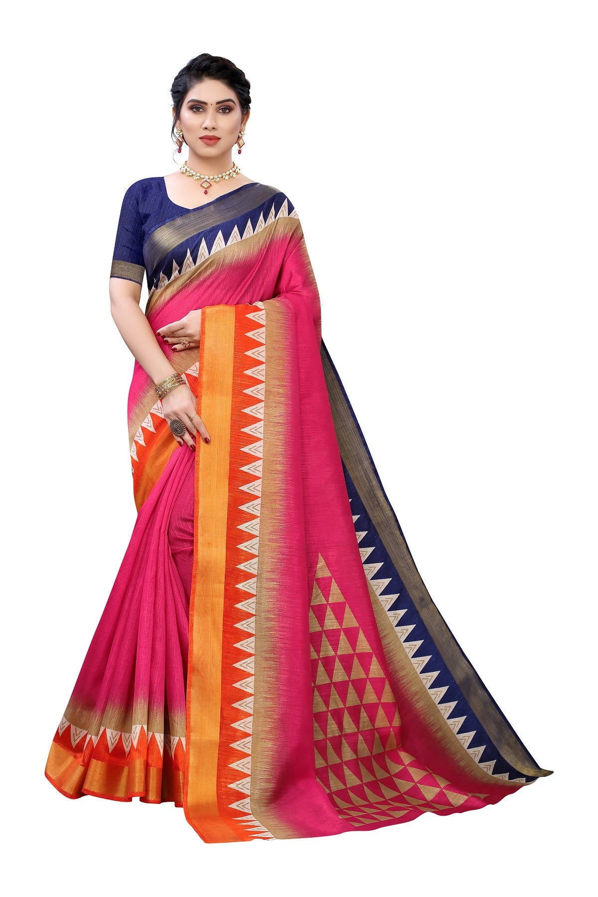 Vamika Pink & Blue Linen Jari Border Saree (GUNJAN PINK) - Distacart
