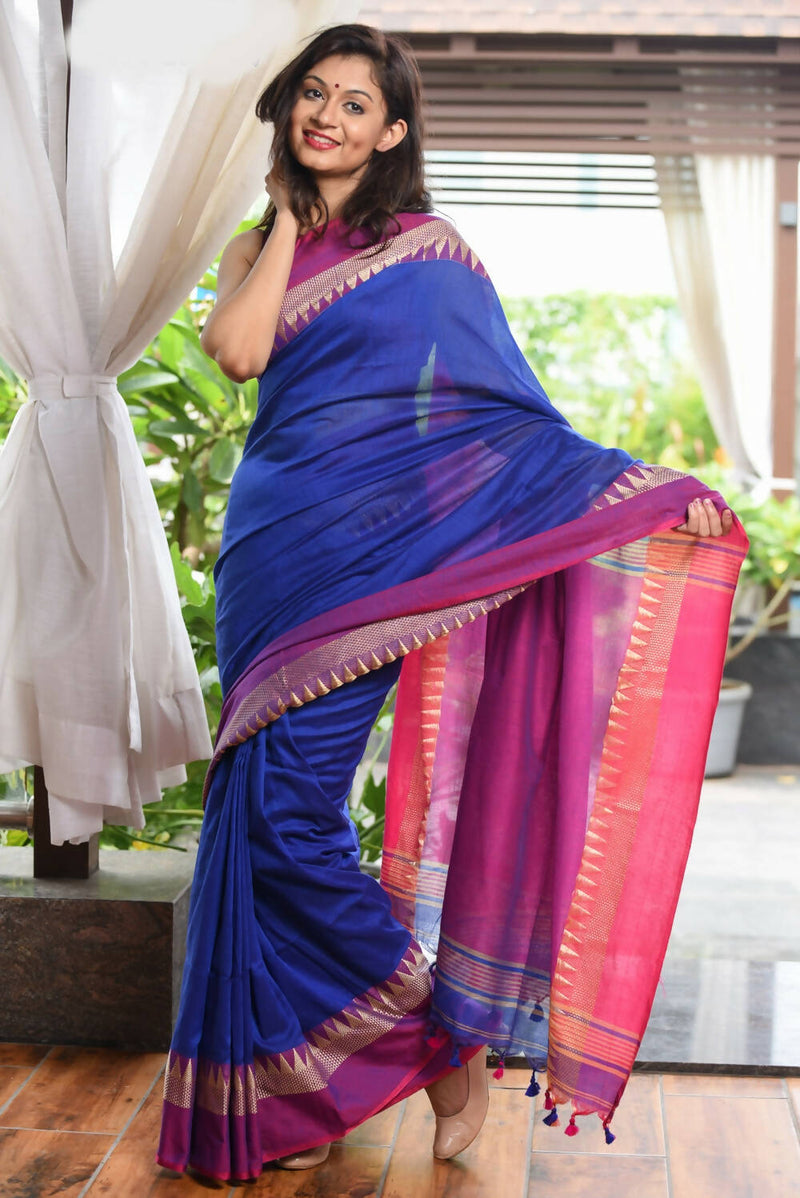Very Much Indian Pure Cotton Handloom Saree With Intricate Borders - Blue - Distacart