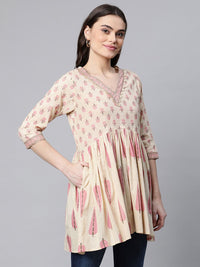 Thumbnail for Ahalyaa Women Beige Pure Cotton Printed Tunic - Distacart
