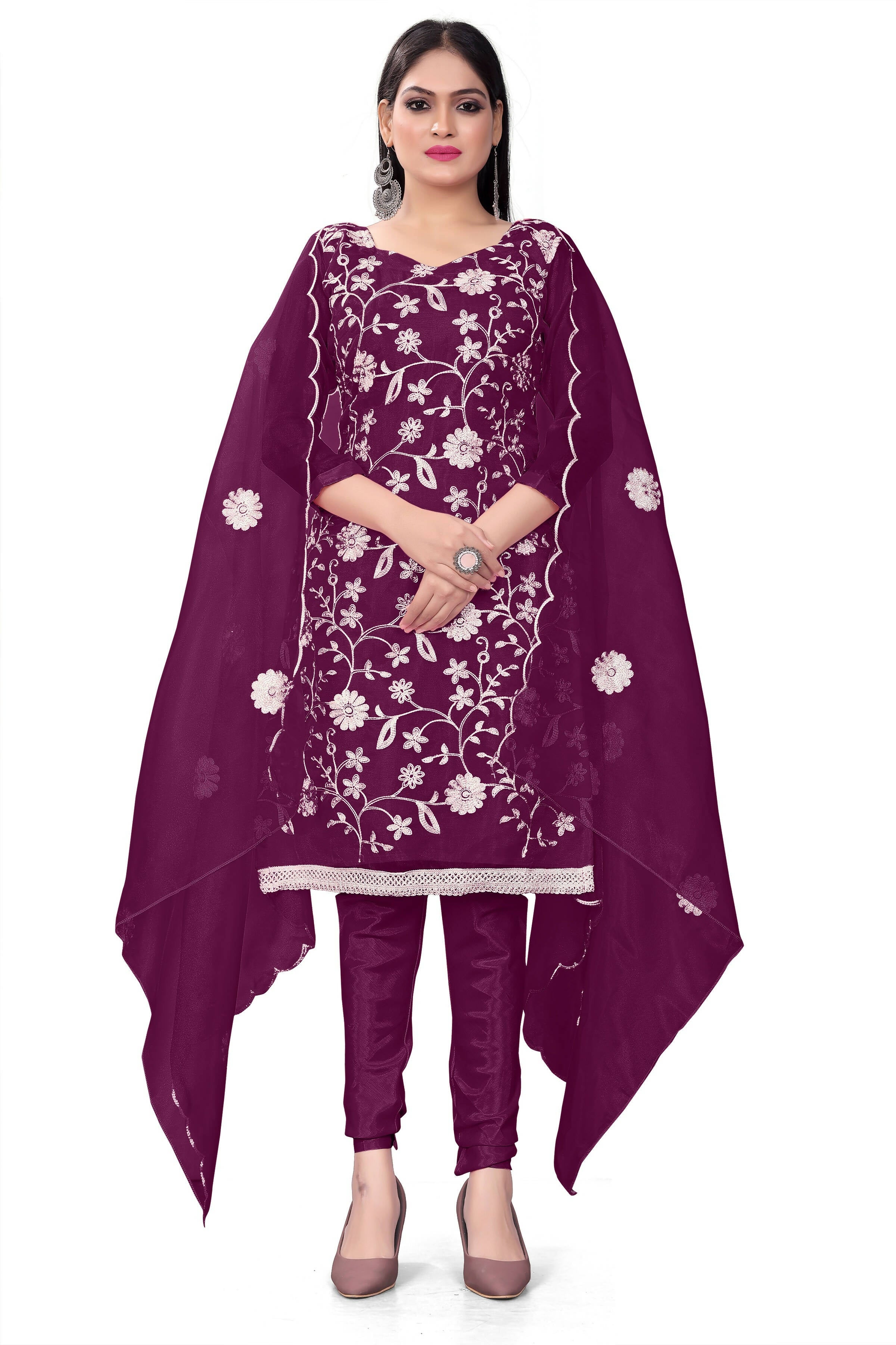 Purple Organza Silk Embroidered Work Unstitched Dress Material - Tanvi - Distacart