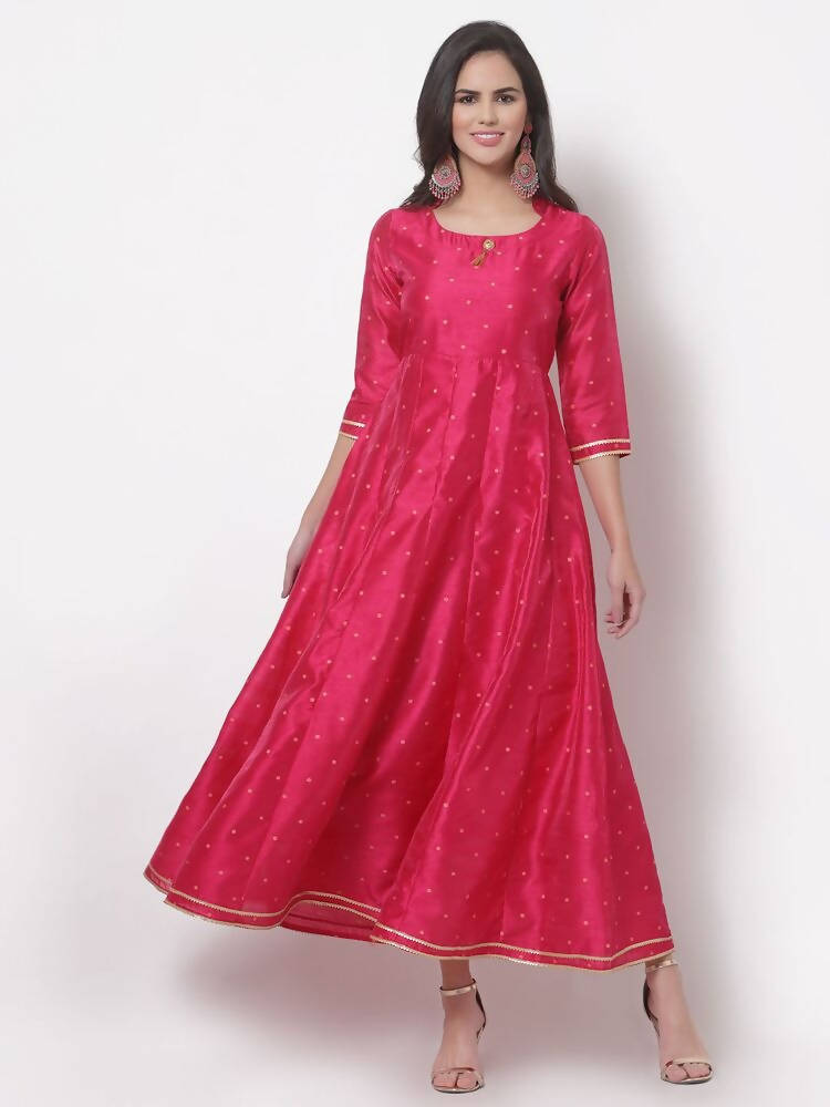 Myshka Women's Pink Silk Solid 3/4 Sleeve Round Neck Casual Anarkali Gown with Dupatta