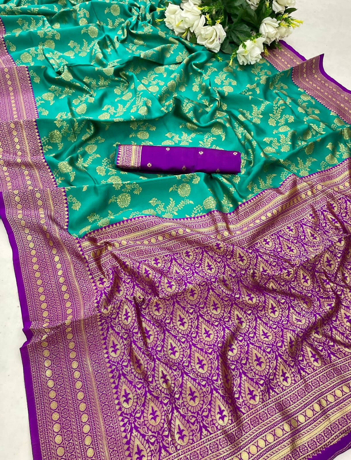 DEIANA'S Beautiful Golden Jari with New Design Soft Lichi Silk Saree - Teal - Distacart
