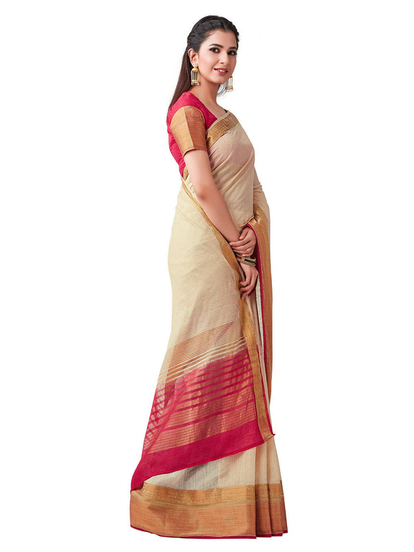 Mimosa Women's Beige Kanchipuram Linen Saree - Distacart