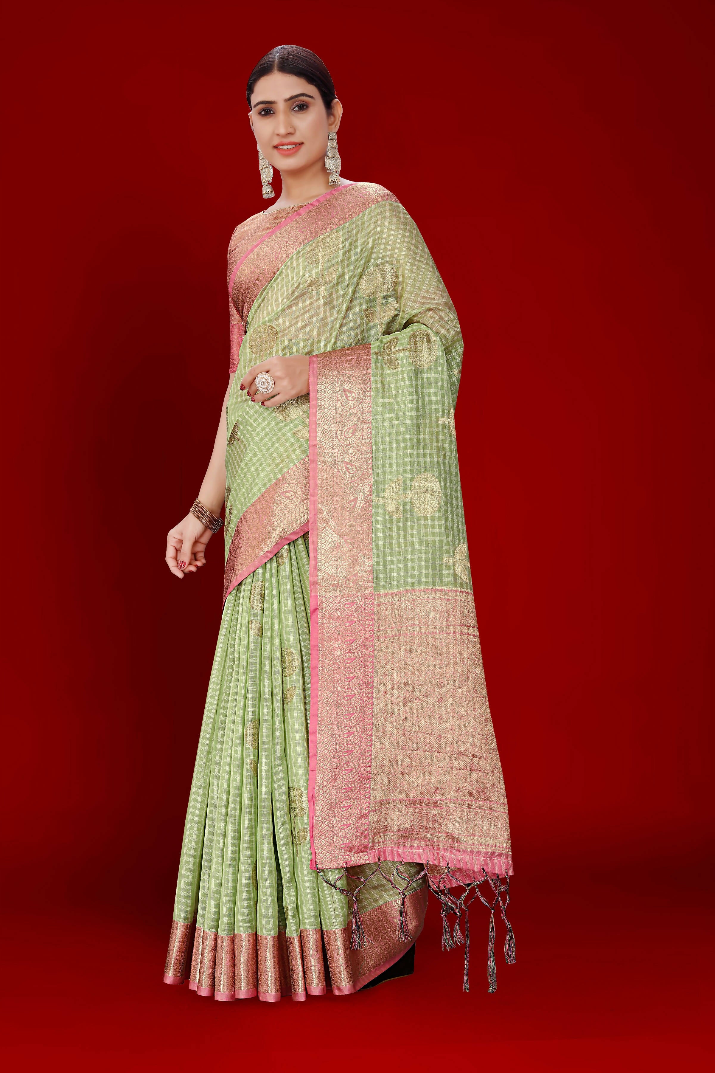 Green Soft Organza Woven Design Saree With Unstitched Blouse Piece - Zaara - Distacart