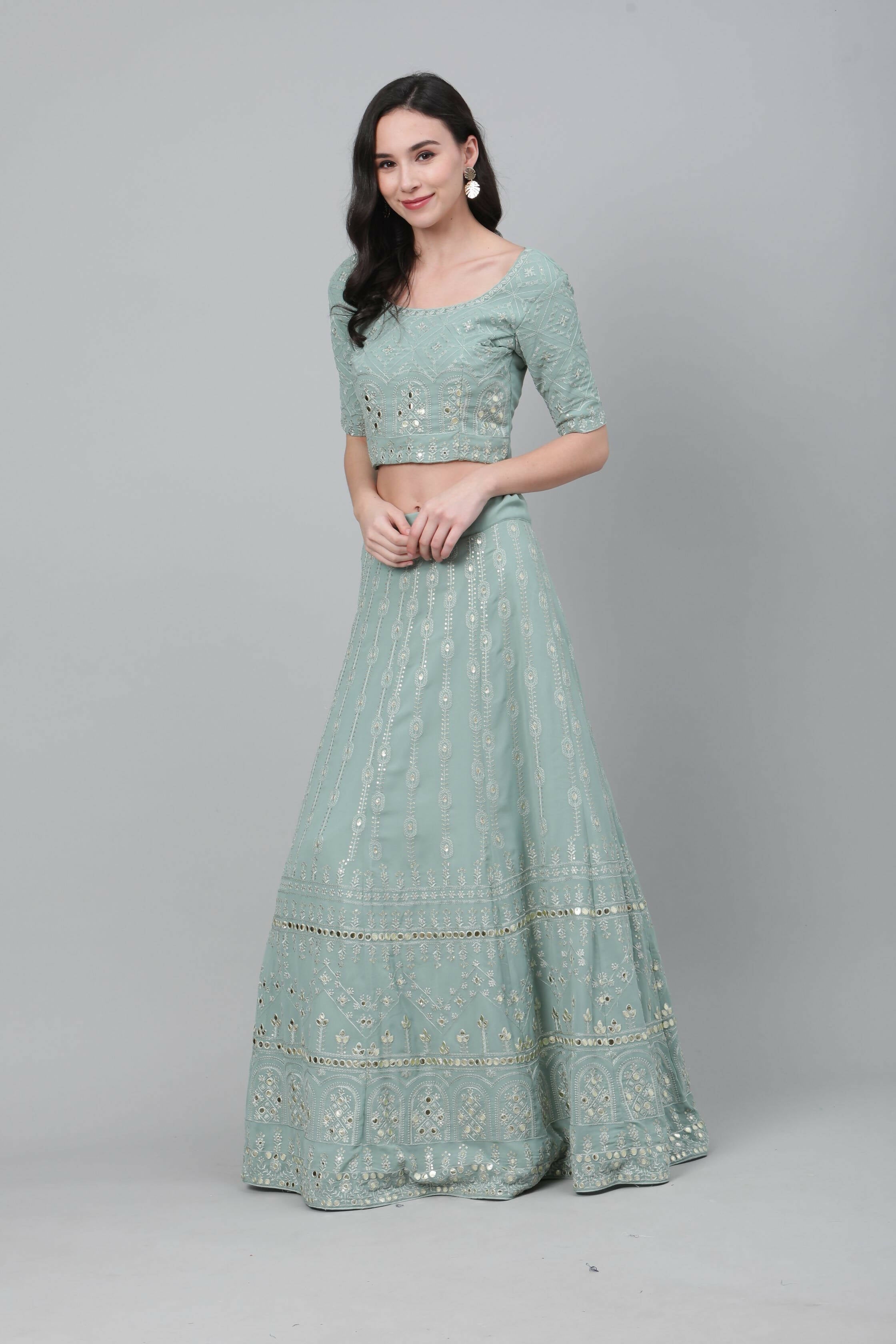 Dusty Green Georgette Sequins Embroidery with Mirror work Lehenga Choli with Dupatta - Jivika - Distacart
