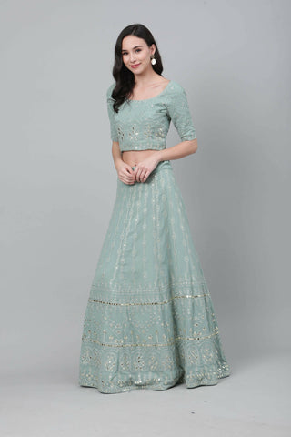 Dusty Green Georgette Sequins Embroidery with Mirror work Lehenga Choli with Dupatta - Jivika - Distacart