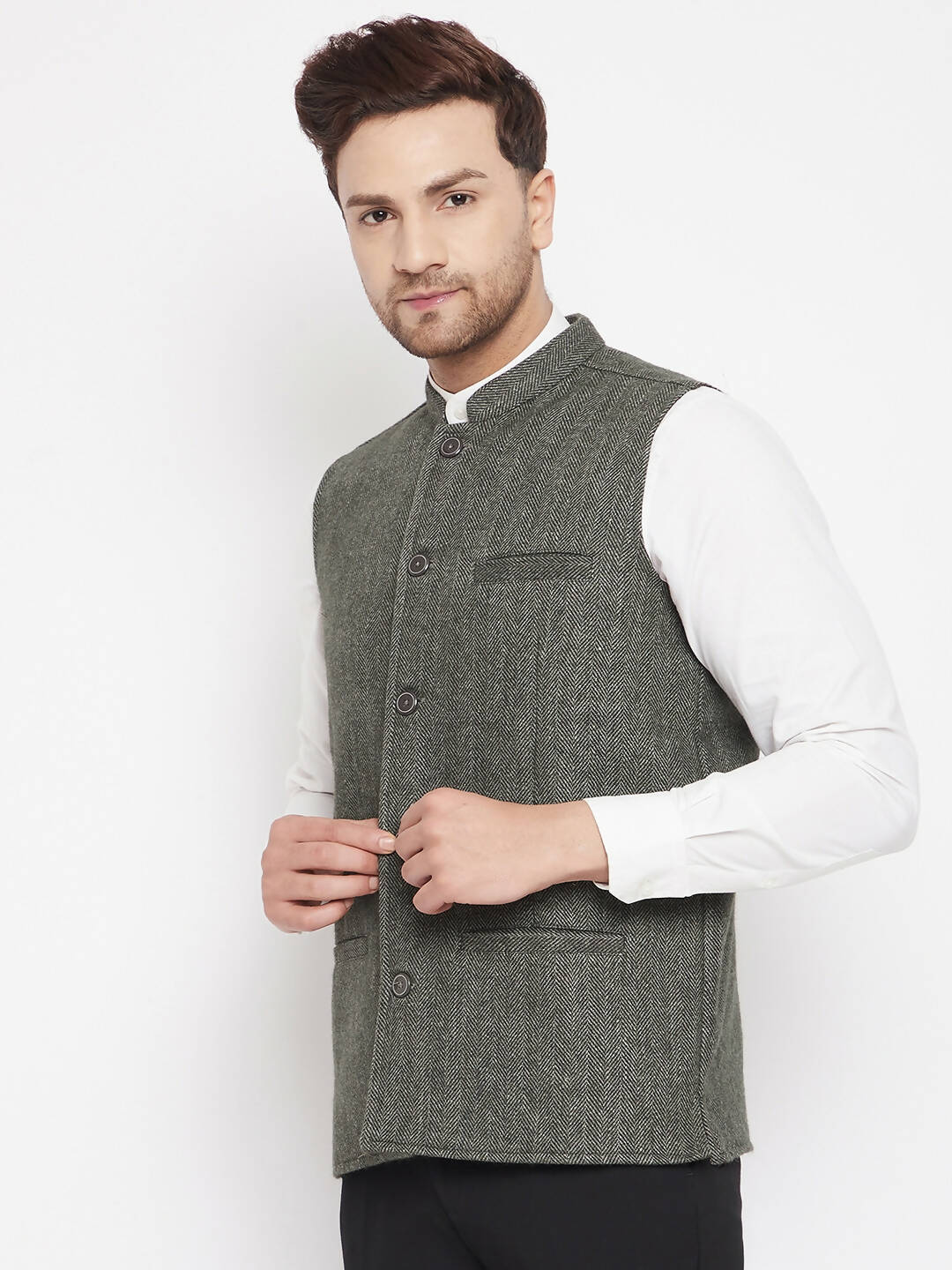 Even Apparels Green Wool Men Woven Nehru Jacket - Distacart