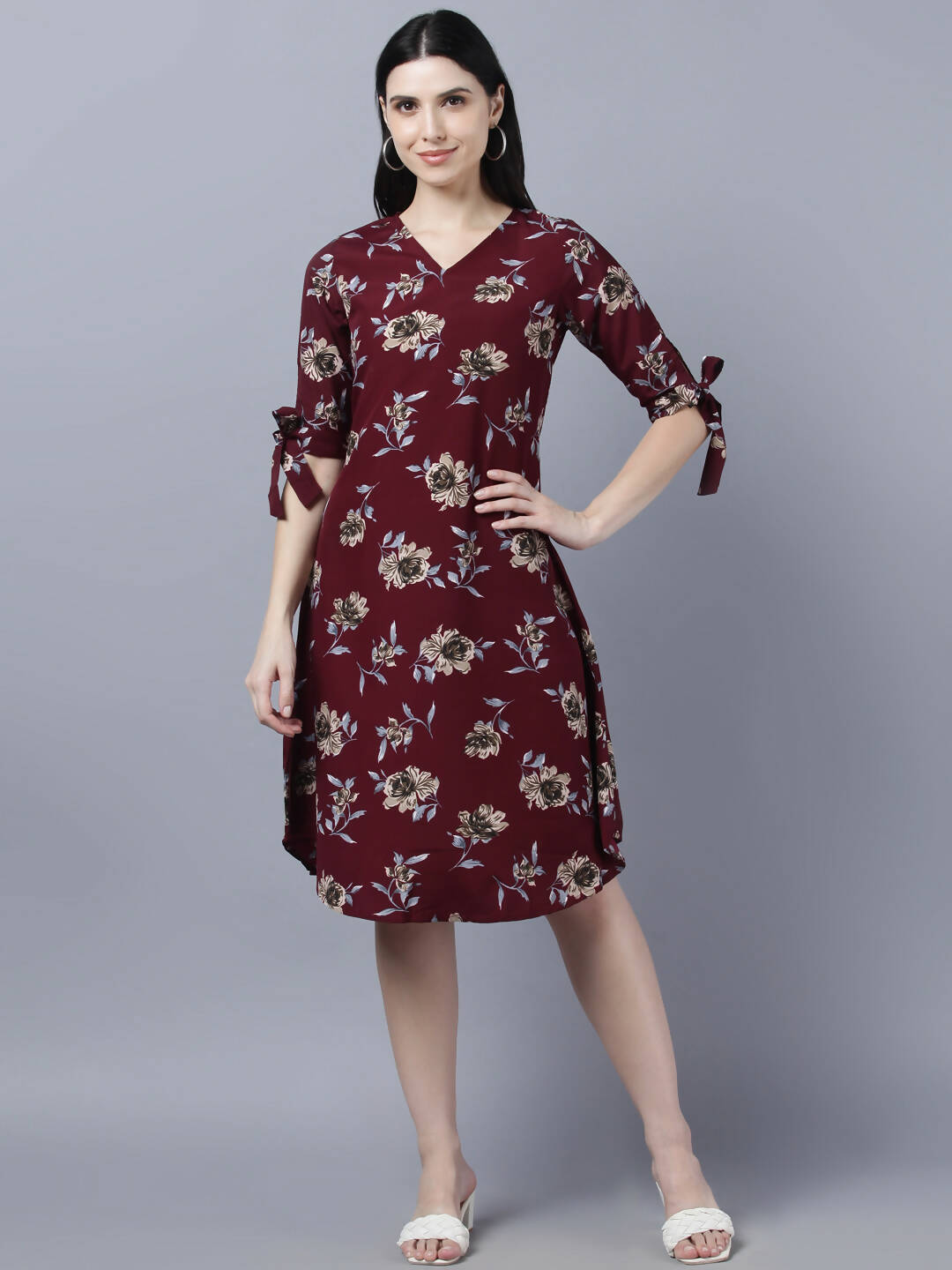 Myshka Women Burgundy Beige Floral Print A-line Dress - Distacart