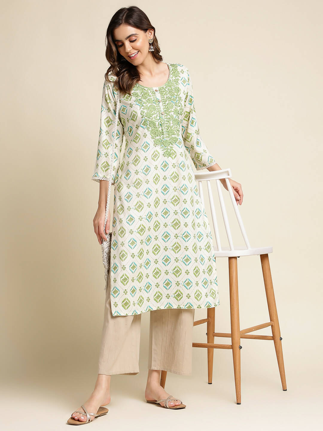 Green Poly Rayon Aztec Printed Straight Fit Kurta - Prasuti - Distacart