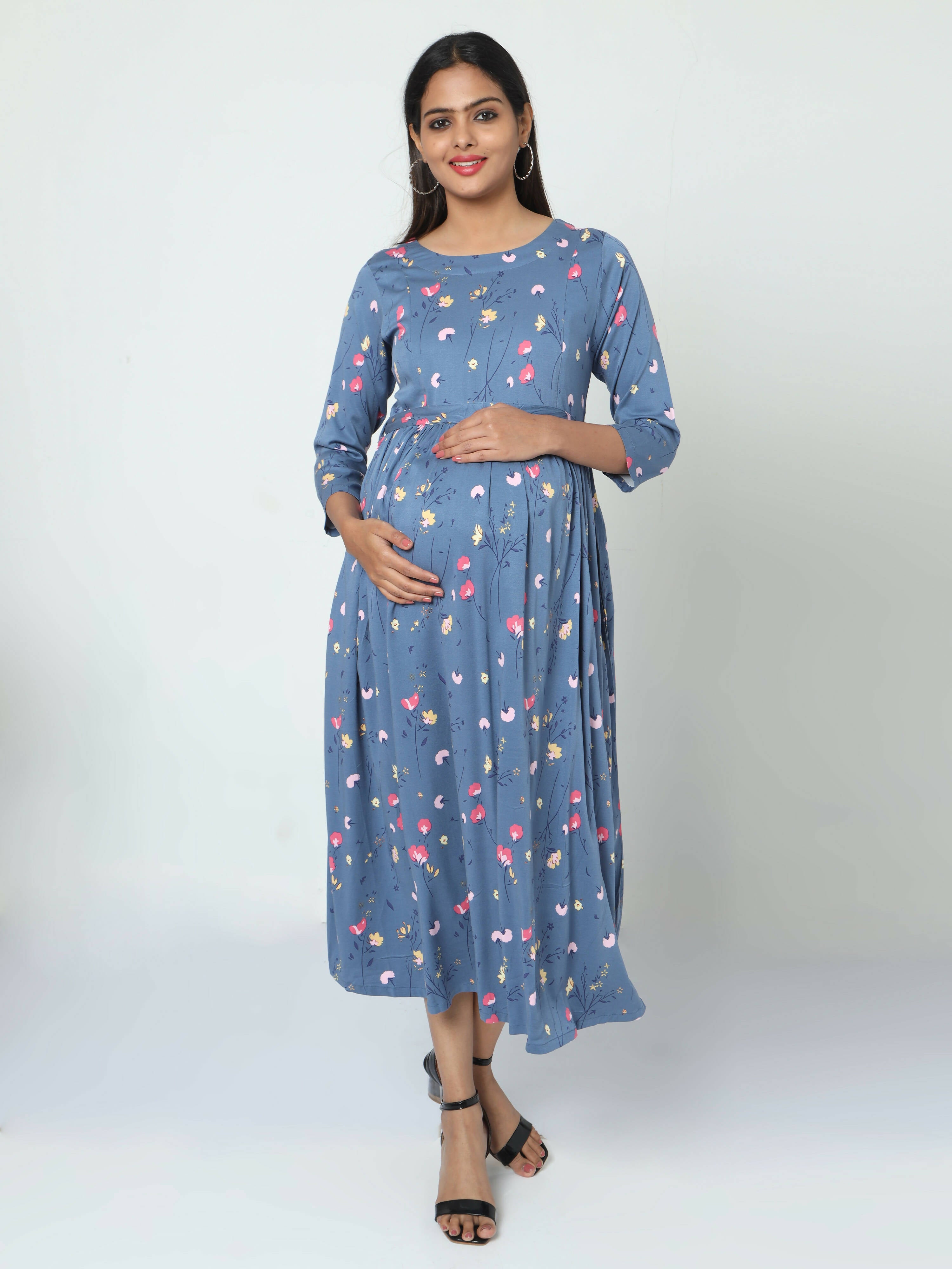 Manet Three Fourth Maternity Dress Floral Print With Concealed Zipper Nursing Access - Dark Grey - Distacart