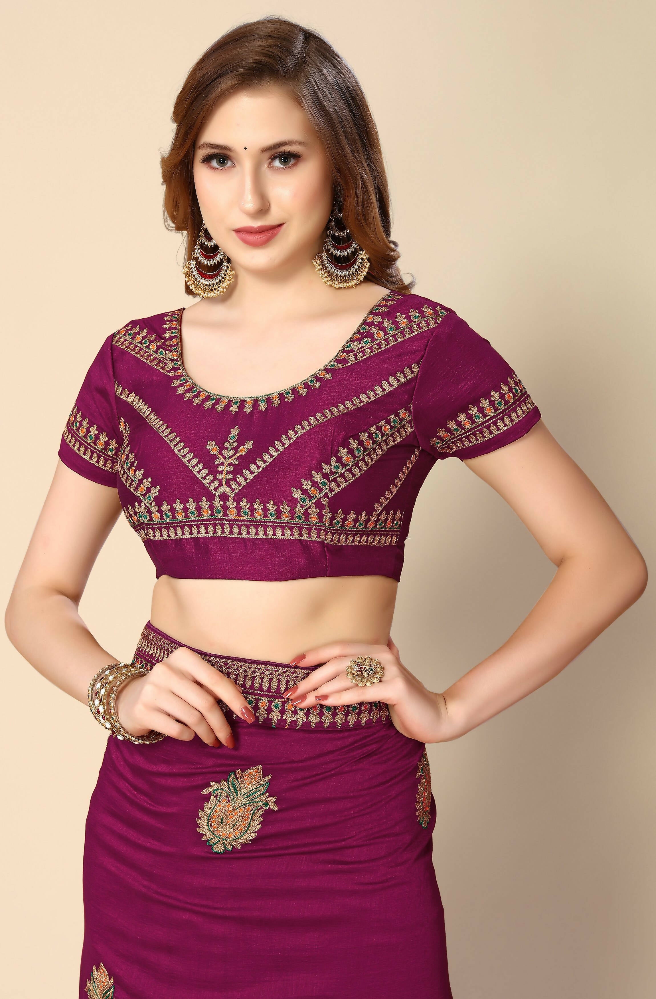 Wine Chinon Embroidered Saree with Unstitched Blouse Piece - Roozal - Distacart