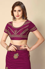 Thumbnail for Wine Chinon Embroidered Saree with Unstitched Blouse Piece - Roozal - Distacart