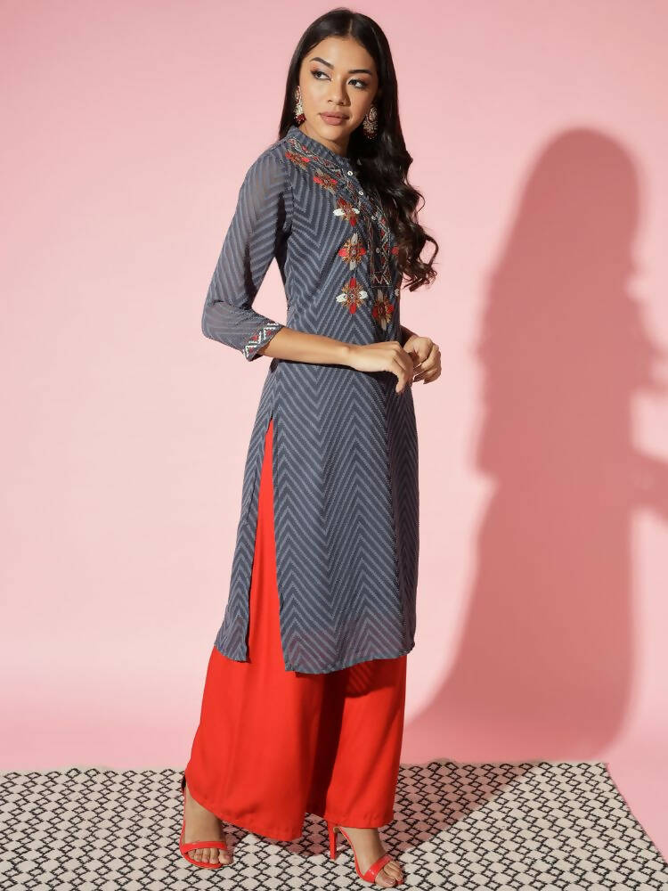 Myshka Women Grey Solid Georgette Straight V-Neck Kurtas - Distacart