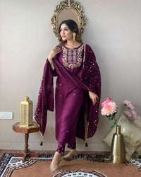 Thumbnail for NOZ2TOZ Women's Rayon Slub Wine Party Wear Embroidered Kurta With Pant And Duppata Set - Distacart