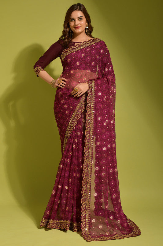Malishka Women's Wine Georgette Chiffon Floral Print Saree With Blouse Piece - Distacart