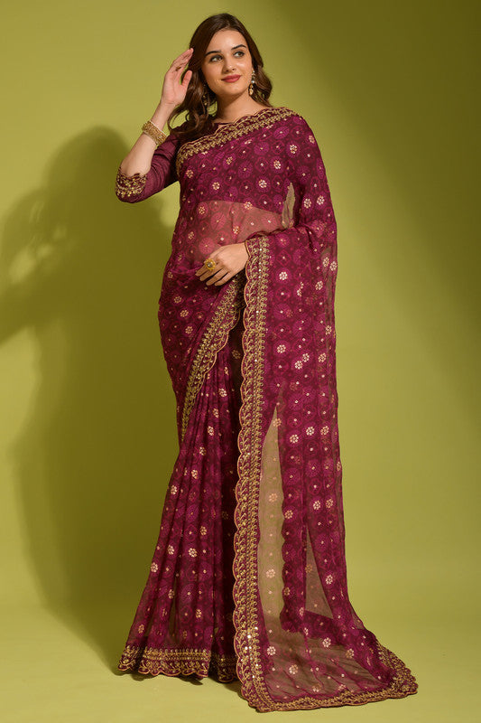 Malishka Women's Wine Georgette Chiffon Floral Print Saree With Blouse Piece - Distacart