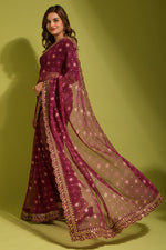 Thumbnail for Malishka Women's Wine Georgette Chiffon Floral Print Saree With Blouse Piece - Distacart