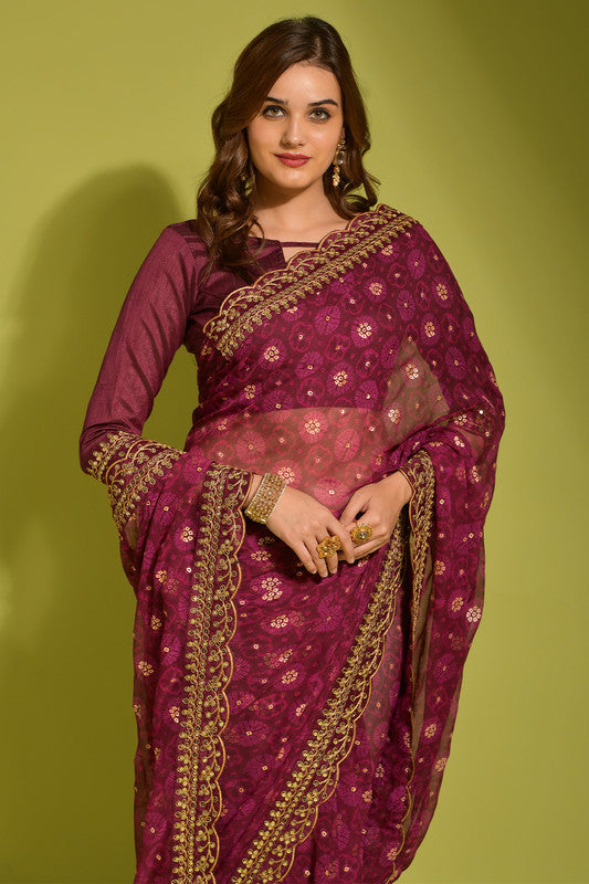 Malishka Women's Wine Georgette Chiffon Floral Print Saree With Blouse Piece - Distacart
