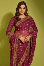 Thumbnail for Malishka Women's Wine Georgette Chiffon Floral Print Saree With Blouse Piece - Distacart